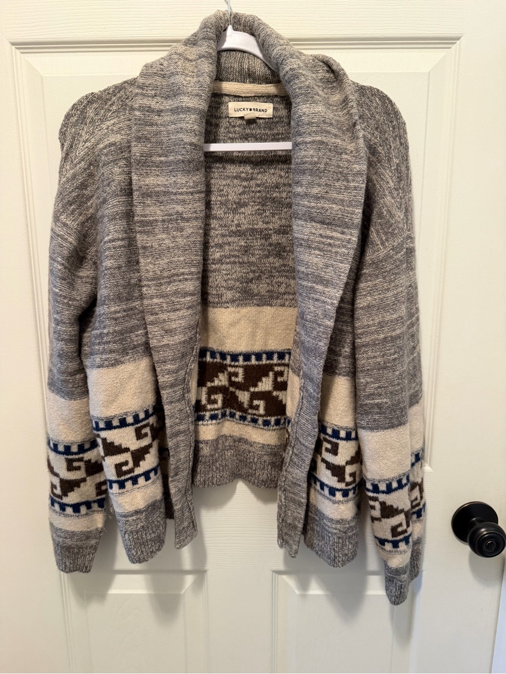 Lucky Brand Gray Shawl-Collar Cardigan with Cream and Blue Trim